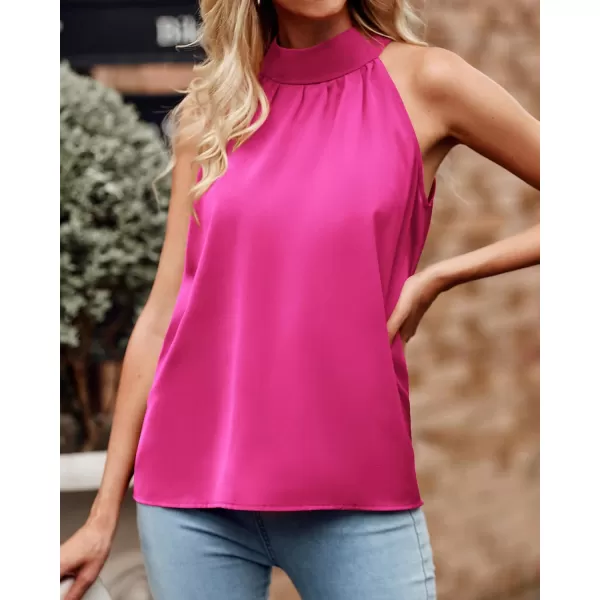 imageBTFBM 2023 Women Summer Sleeveless Tie Mock Neck Halter Tops Casual Bow Loose Tank Top Lightweight Dressy Blouse ShirtsSolid Rose Pink