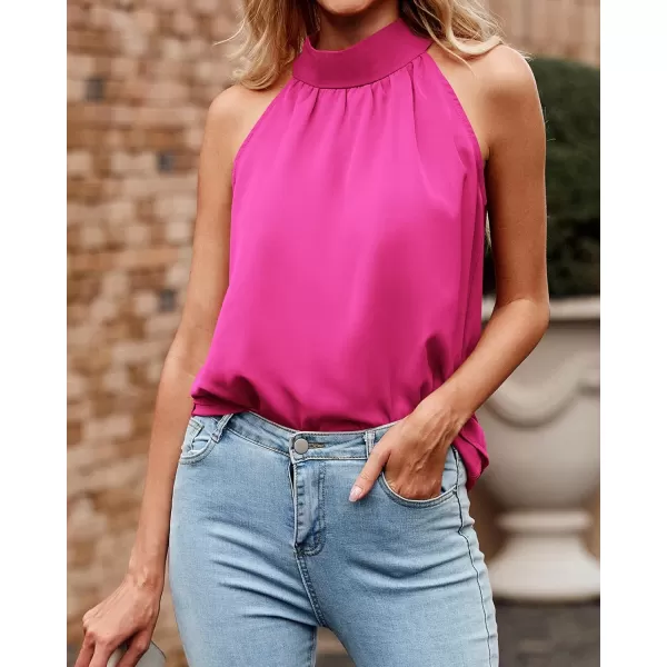 imageBTFBM 2023 Women Summer Sleeveless Tie Mock Neck Halter Tops Casual Bow Loose Tank Top Lightweight Dressy Blouse ShirtsSolid Rose Pink