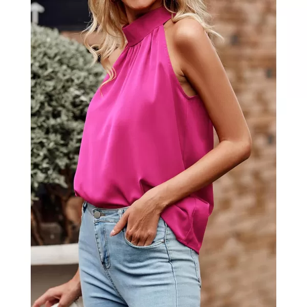 imageBTFBM 2023 Women Summer Sleeveless Tie Mock Neck Halter Tops Casual Bow Loose Tank Top Lightweight Dressy Blouse ShirtsSolid Rose Pink