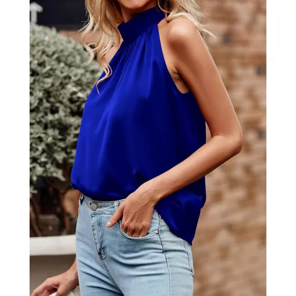 imageBTFBM 2023 Women Summer Sleeveless Tie Mock Neck Halter Tops Casual Bow Loose Tank Top Lightweight Dressy Blouse ShirtsSolid Royal Blue