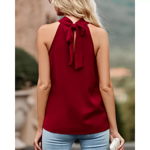 imageBTFBM 2023 Women Summer Sleeveless Tie Mock Neck Halter Tops Casual Bow Loose Tank Top Lightweight Dressy Blouse ShirtsSolid Wine Red