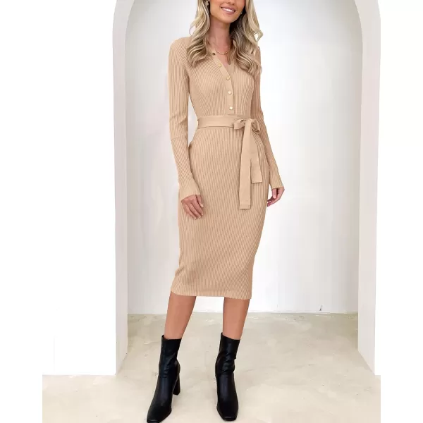 imageBTFBM 2023 Women V Neck Long Sleeve Bodycon Sweater Dress Button Up Tie Waist Ribbed Knit Midi Pencil Dresses with BeltSolid Beige
