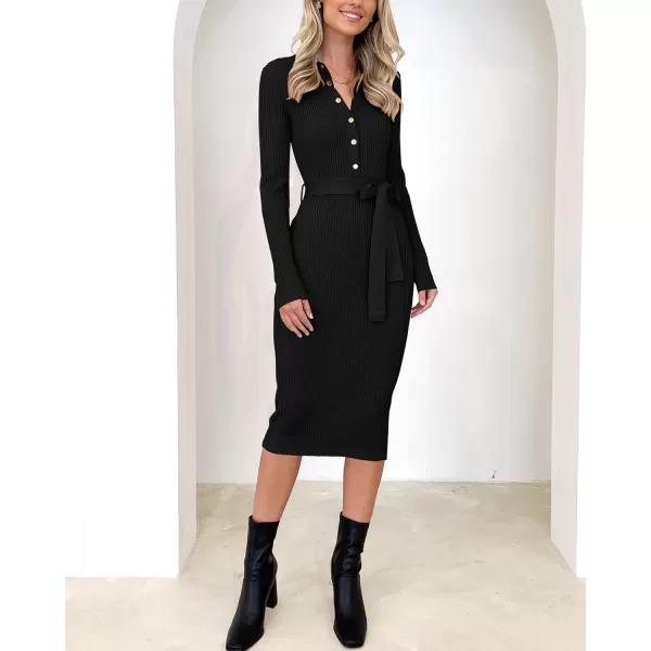imageBTFBM 2023 Women V Neck Long Sleeve Bodycon Sweater Dress Button Up Tie Waist Ribbed Knit Midi Pencil Dresses with BeltSolid Black
