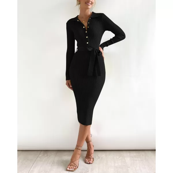 imageBTFBM 2023 Women V Neck Long Sleeve Bodycon Sweater Dress Button Up Tie Waist Ribbed Knit Midi Pencil Dresses with BeltSolid Black