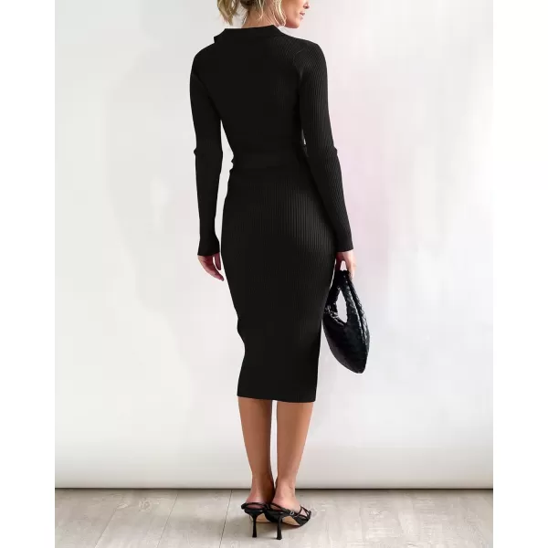 imageBTFBM 2023 Women V Neck Long Sleeve Bodycon Sweater Dress Button Up Tie Waist Ribbed Knit Midi Pencil Dresses with BeltSolid Black