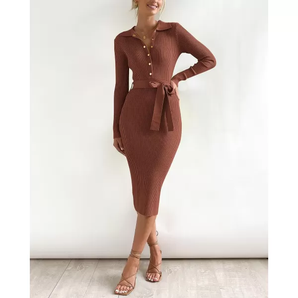 imageBTFBM 2023 Women V Neck Long Sleeve Bodycon Sweater Dress Button Up Tie Waist Ribbed Knit Midi Pencil Dresses with BeltSolid Brown