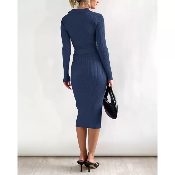 imageBTFBM 2023 Women V Neck Long Sleeve Bodycon Sweater Dress Button Up Tie Waist Ribbed Knit Midi Pencil Dresses with BeltSolid Dark Blue