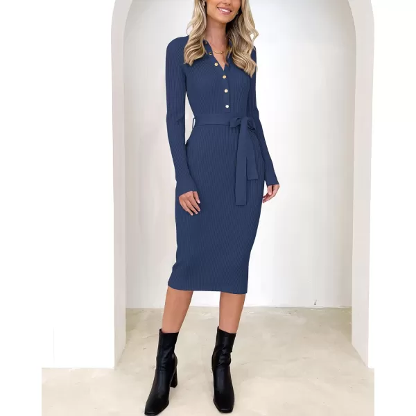 imageBTFBM 2023 Women V Neck Long Sleeve Bodycon Sweater Dress Button Up Tie Waist Ribbed Knit Midi Pencil Dresses with BeltSolid Dark Blue