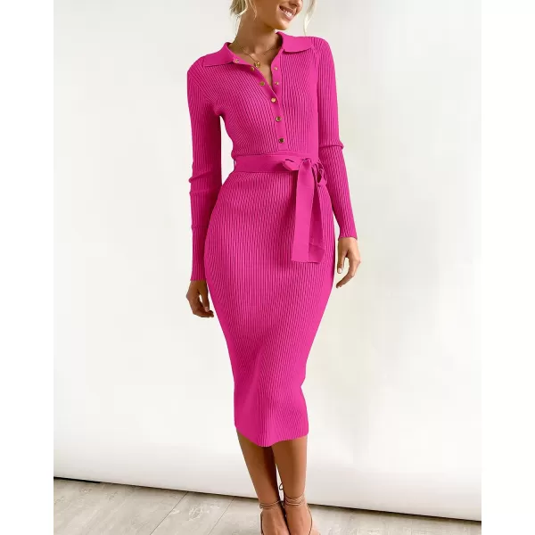imageBTFBM 2023 Women V Neck Long Sleeve Bodycon Sweater Dress Button Up Tie Waist Ribbed Knit Midi Pencil Dresses with BeltSolid Rose Red