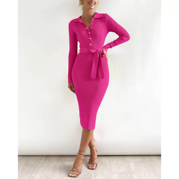 imageBTFBM 2023 Women V Neck Long Sleeve Bodycon Sweater Dress Button Up Tie Waist Ribbed Knit Midi Pencil Dresses with BeltSolid Rose Red