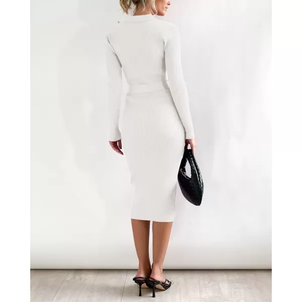 imageBTFBM 2023 Women V Neck Long Sleeve Bodycon Sweater Dress Button Up Tie Waist Ribbed Knit Midi Pencil Dresses with BeltSolid White