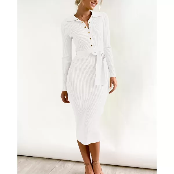 imageBTFBM 2023 Women V Neck Long Sleeve Bodycon Sweater Dress Button Up Tie Waist Ribbed Knit Midi Pencil Dresses with BeltSolid White