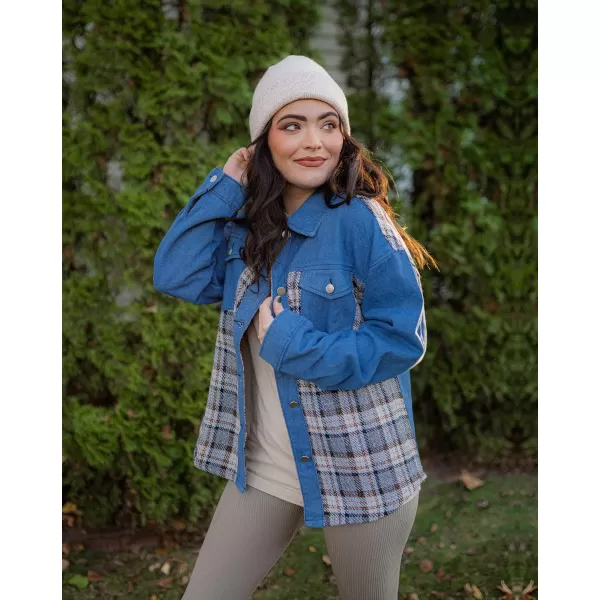 imageBTFBM 2023 Womens Button Down Denim Jackets Long Sleeve Lapel Casual Fall Shirts Shackets Plaid Jacket With PocketsDenim Dark Blue