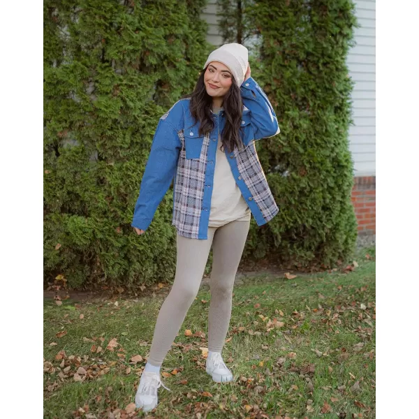 imageBTFBM 2023 Womens Button Down Denim Jackets Long Sleeve Lapel Casual Fall Shirts Shackets Plaid Jacket With PocketsDenim Dark Blue