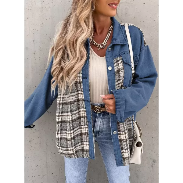 imageBTFBM 2023 Womens Button Down Denim Jackets Long Sleeve Lapel Casual Fall Shirts Shackets Plaid Jacket With PocketsDenim Dark Blue