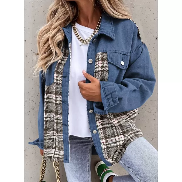 imageBTFBM 2023 Womens Button Down Denim Jackets Long Sleeve Lapel Casual Fall Shirts Shackets Plaid Jacket With PocketsDenim Dark Blue