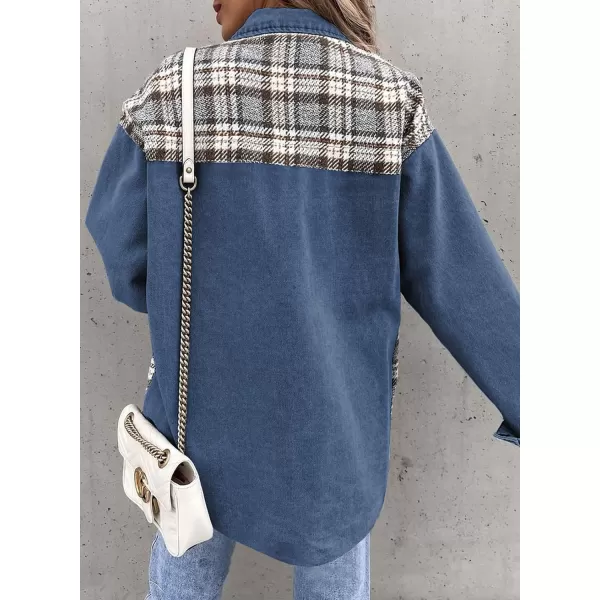 imageBTFBM 2023 Womens Button Down Denim Jackets Long Sleeve Lapel Casual Fall Shirts Shackets Plaid Jacket With PocketsDenim Dark Blue