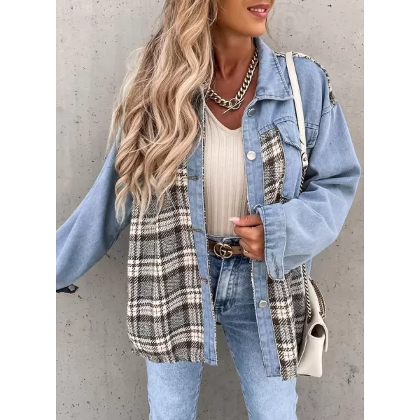 imageBTFBM 2023 Womens Button Down Denim Jackets Long Sleeve Lapel Casual Fall Shirts Shackets Plaid Jacket With PocketsDenim Light Blue
