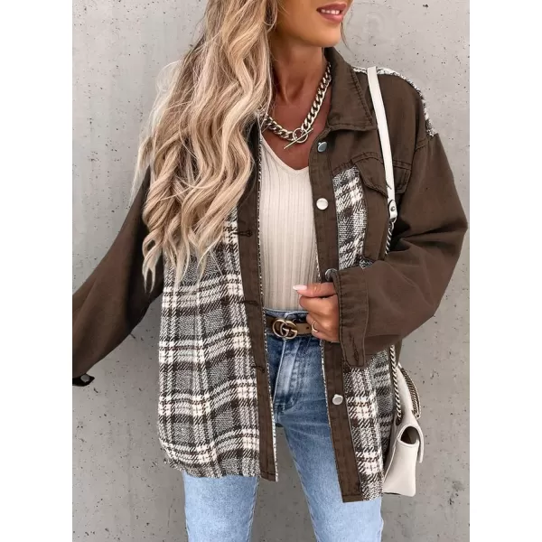 imageBTFBM 2023 Womens Button Down Denim Jackets Long Sleeve Lapel Casual Fall Shirts Shackets Plaid Jacket With PocketsPlaid Brown