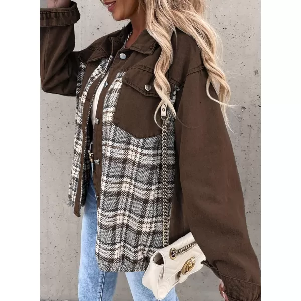 imageBTFBM 2023 Womens Button Down Denim Jackets Long Sleeve Lapel Casual Fall Shirts Shackets Plaid Jacket With PocketsPlaid Brown