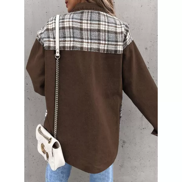 imageBTFBM 2023 Womens Button Down Denim Jackets Long Sleeve Lapel Casual Fall Shirts Shackets Plaid Jacket With PocketsPlaid Brown