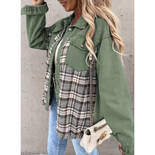 imageBTFBM 2023 Womens Button Down Denim Jackets Long Sleeve Lapel Casual Fall Shirts Shackets Plaid Jacket With PocketsPlaid Green