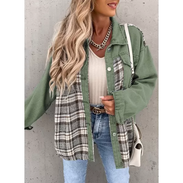 imageBTFBM 2023 Womens Button Down Denim Jackets Long Sleeve Lapel Casual Fall Shirts Shackets Plaid Jacket With PocketsPlaid Green