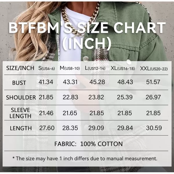 imageBTFBM 2023 Womens Button Down Denim Jackets Long Sleeve Lapel Casual Fall Shirts Shackets Plaid Jacket With PocketsPlaid Green