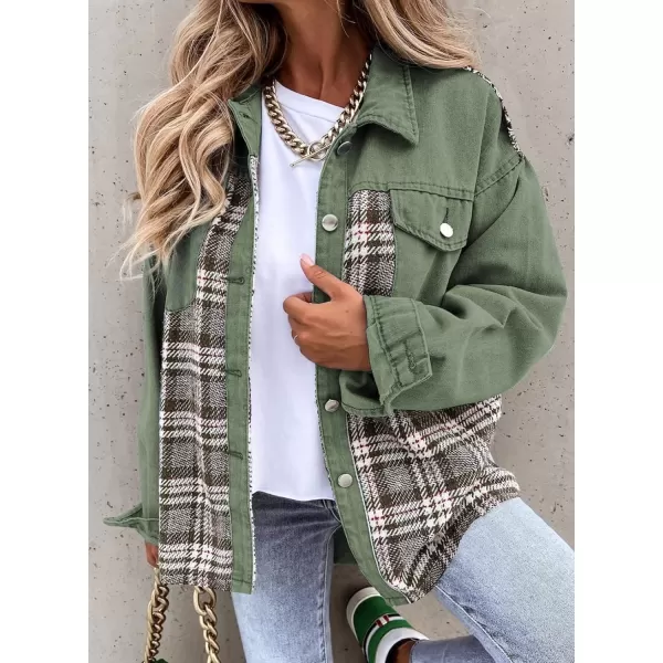 imageBTFBM 2023 Womens Button Down Denim Jackets Long Sleeve Lapel Casual Fall Shirts Shackets Plaid Jacket With PocketsPlaid Green