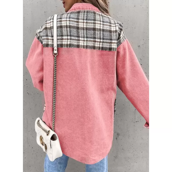 imageBTFBM 2023 Womens Button Down Denim Jackets Long Sleeve Lapel Casual Fall Shirts Shackets Plaid Jacket With PocketsPlaid Pink