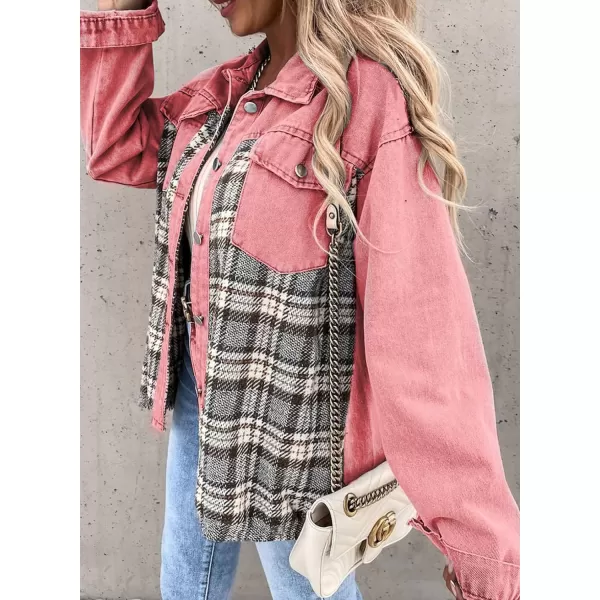 imageBTFBM 2023 Womens Button Down Denim Jackets Long Sleeve Lapel Casual Fall Shirts Shackets Plaid Jacket With PocketsPlaid Pink