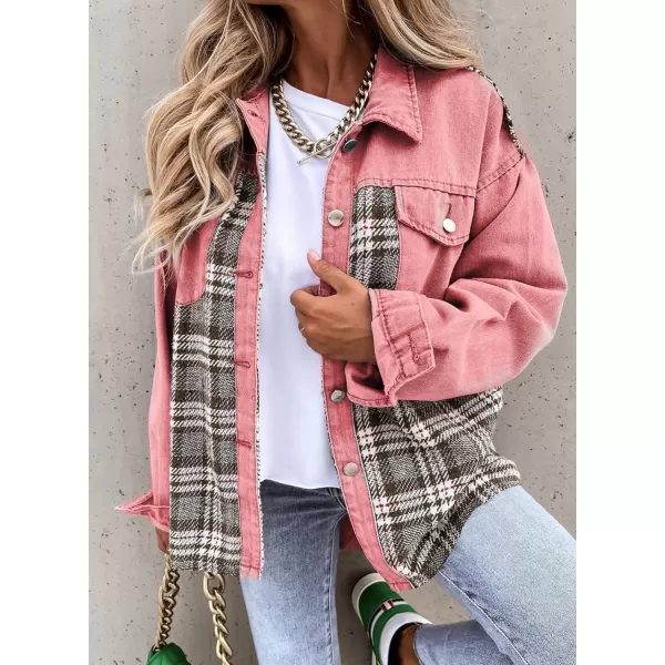 imageBTFBM 2023 Womens Button Down Denim Jackets Long Sleeve Lapel Casual Fall Shirts Shackets Plaid Jacket With PocketsPlaid Pink