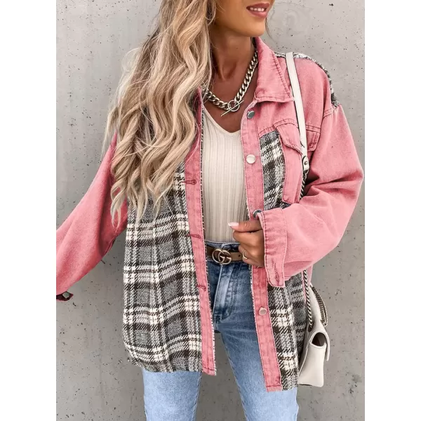 imageBTFBM 2023 Womens Button Down Denim Jackets Long Sleeve Lapel Casual Fall Shirts Shackets Plaid Jacket With PocketsPlaid Pink