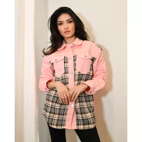 imageBTFBM 2023 Womens Button Down Denim Jackets Long Sleeve Lapel Casual Fall Shirts Shackets Plaid Jacket With PocketsPlaid Pink