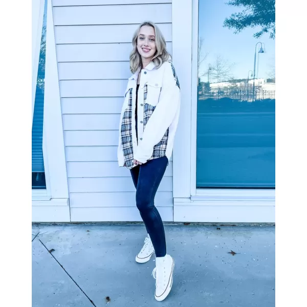 imageBTFBM 2023 Womens Button Down Denim Jackets Long Sleeve Lapel Casual Fall Shirts Shackets Plaid Jacket With PocketsPlaid White