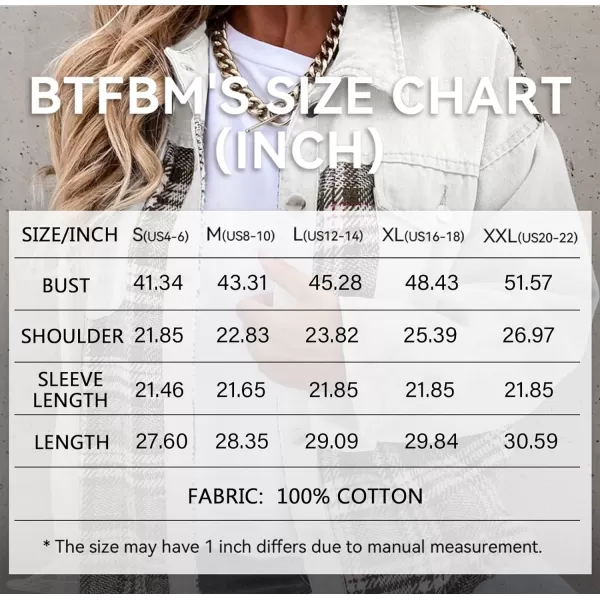 imageBTFBM 2023 Womens Button Down Denim Jackets Long Sleeve Lapel Casual Fall Shirts Shackets Plaid Jacket With PocketsPlaid White