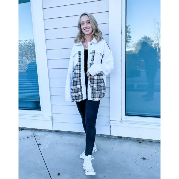 imageBTFBM 2023 Womens Button Down Denim Jackets Long Sleeve Lapel Casual Fall Shirts Shackets Plaid Jacket With PocketsPlaid White