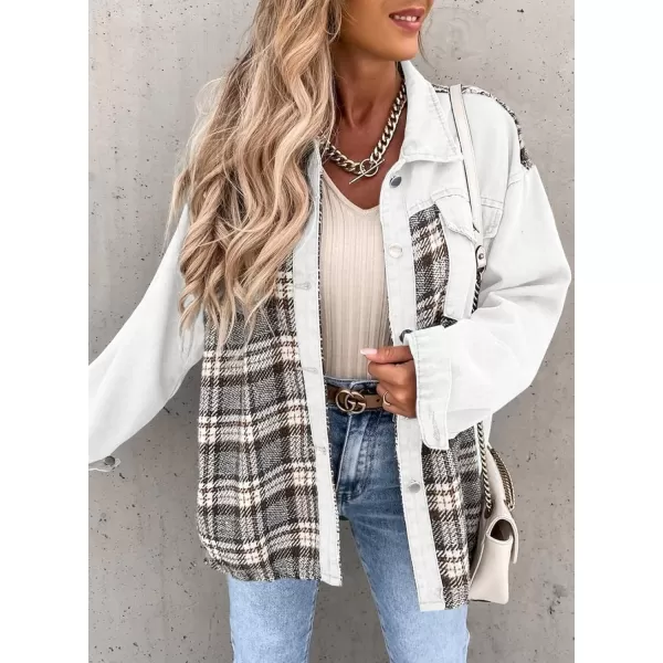 imageBTFBM 2023 Womens Button Down Denim Jackets Long Sleeve Lapel Casual Fall Shirts Shackets Plaid Jacket With PocketsPlaid White