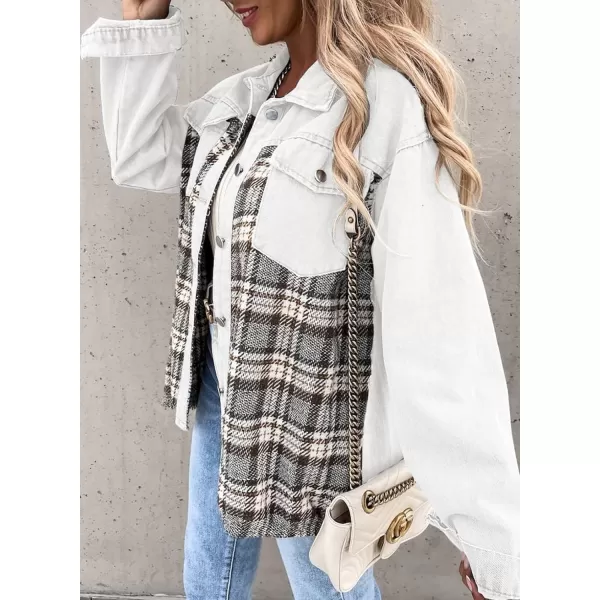 imageBTFBM 2023 Womens Button Down Denim Jackets Long Sleeve Lapel Casual Fall Shirts Shackets Plaid Jacket With PocketsPlaid White