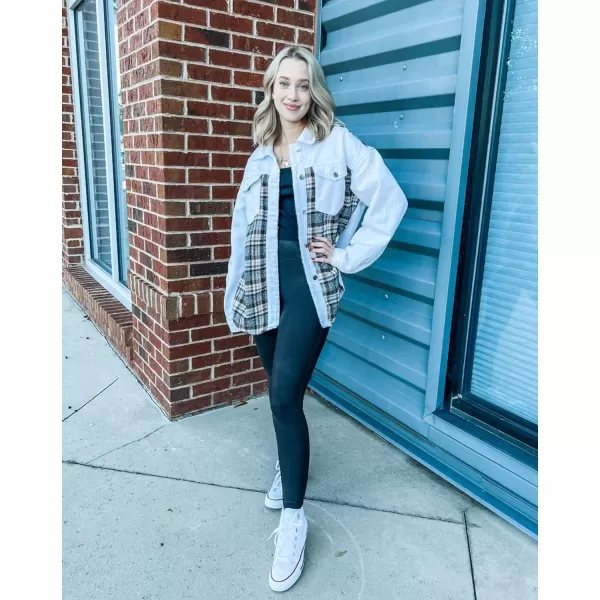 imageBTFBM 2023 Womens Button Down Denim Jackets Long Sleeve Lapel Casual Fall Shirts Shackets Plaid Jacket With PocketsPlaid White