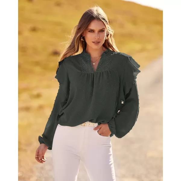 imageBTFBM 2023 Womens Casual Long Sleeve Blouse Ruffle Trim V Neck Lace Loose Swiss Dot Babydoll Flowy Shirts Tunic TopsSwiss Dot Army Green