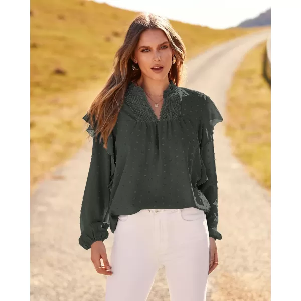 imageBTFBM 2023 Womens Casual Long Sleeve Blouse Ruffle Trim V Neck Lace Loose Swiss Dot Babydoll Flowy Shirts Tunic TopsSwiss Dot Army Green