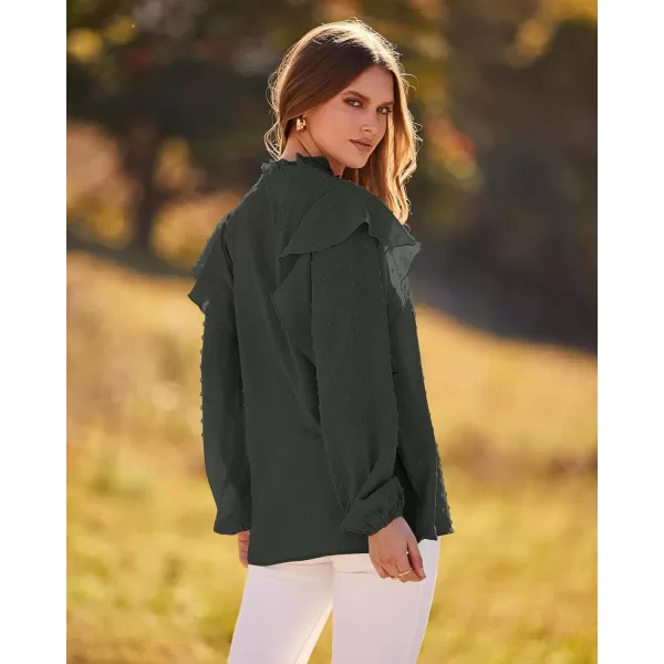 imageBTFBM 2023 Womens Casual Long Sleeve Blouse Ruffle Trim V Neck Lace Loose Swiss Dot Babydoll Flowy Shirts Tunic TopsSwiss Dot Army Green