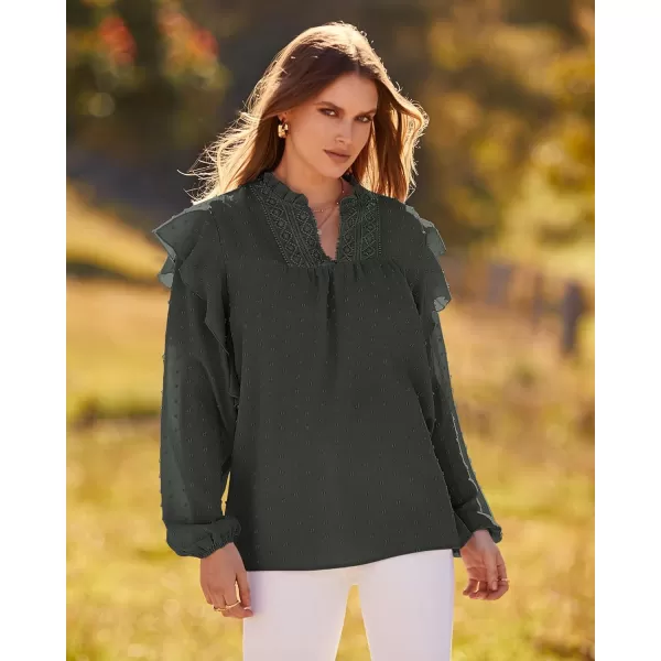 imageBTFBM 2023 Womens Casual Long Sleeve Blouse Ruffle Trim V Neck Lace Loose Swiss Dot Babydoll Flowy Shirts Tunic TopsSwiss Dot Army Green