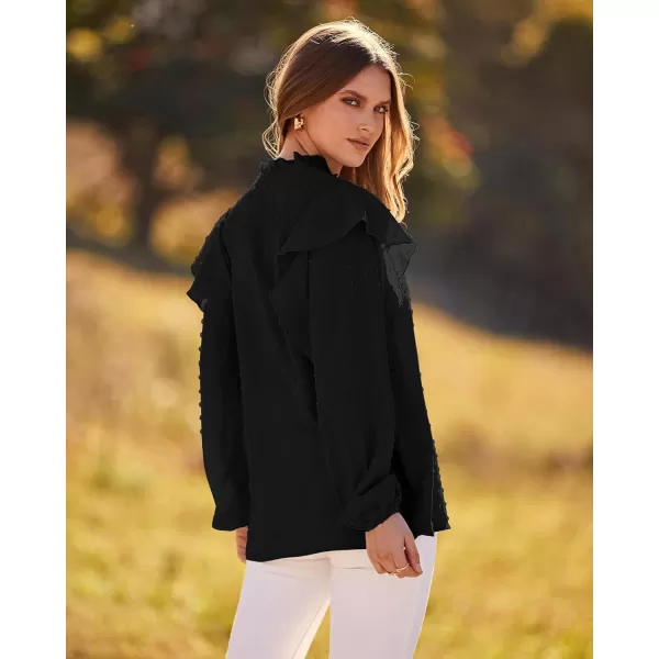 imageBTFBM 2023 Womens Casual Long Sleeve Blouse Ruffle Trim V Neck Lace Loose Swiss Dot Babydoll Flowy Shirts Tunic TopsSwiss Dot Black