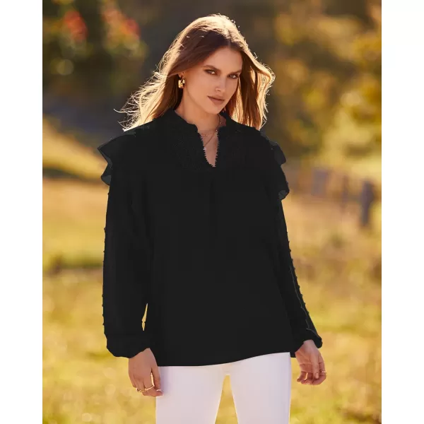 imageBTFBM 2023 Womens Casual Long Sleeve Blouse Ruffle Trim V Neck Lace Loose Swiss Dot Babydoll Flowy Shirts Tunic TopsSwiss Dot Black