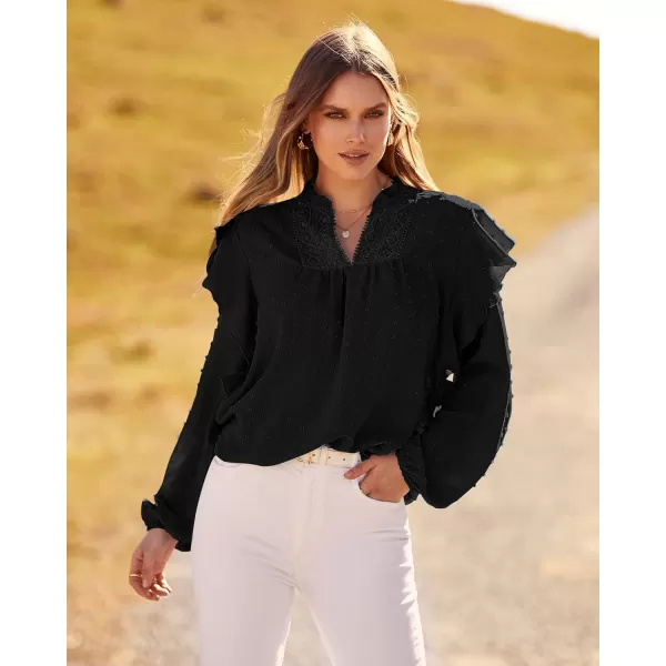 imageBTFBM 2023 Womens Casual Long Sleeve Blouse Ruffle Trim V Neck Lace Loose Swiss Dot Babydoll Flowy Shirts Tunic TopsSwiss Dot Black