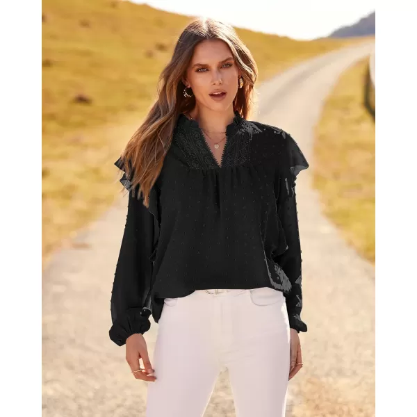 imageBTFBM 2023 Womens Casual Long Sleeve Blouse Ruffle Trim V Neck Lace Loose Swiss Dot Babydoll Flowy Shirts Tunic TopsSwiss Dot Black