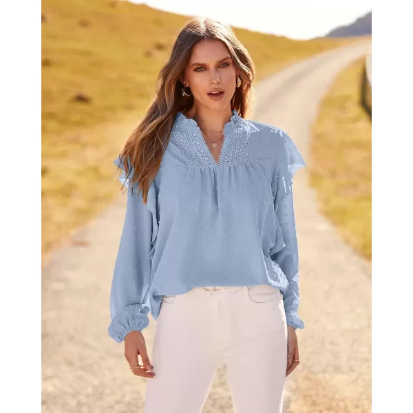 imageBTFBM 2023 Womens Casual Long Sleeve Blouse Ruffle Trim V Neck Lace Loose Swiss Dot Babydoll Flowy Shirts Tunic TopsSwiss Dot Blue