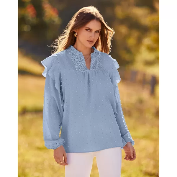 imageBTFBM 2023 Womens Casual Long Sleeve Blouse Ruffle Trim V Neck Lace Loose Swiss Dot Babydoll Flowy Shirts Tunic TopsSwiss Dot Blue